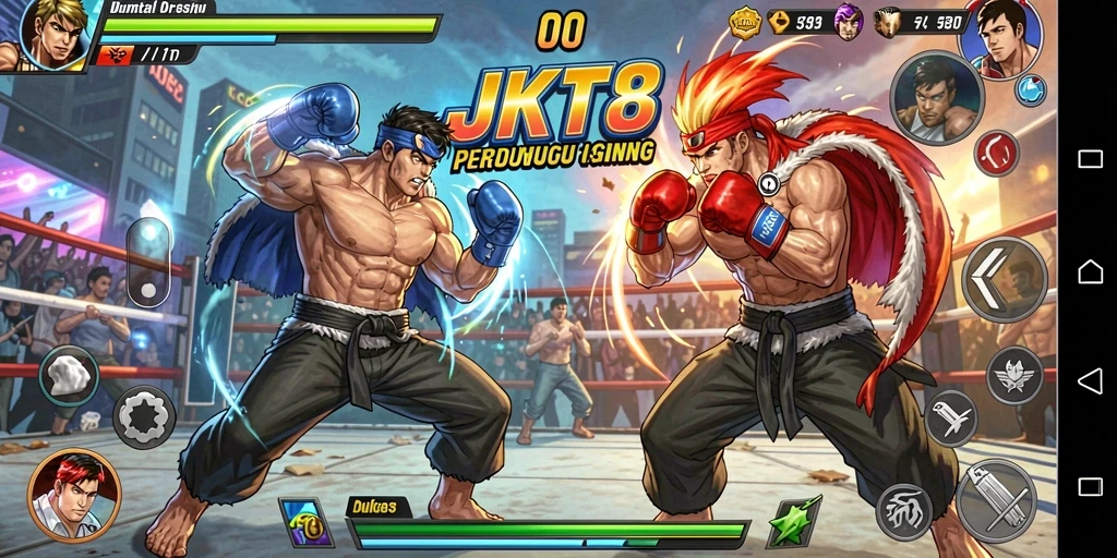 Tampilan gameplay <strong>JKT8</strong> dengan pertarungan seru dan karakter yang menawan.