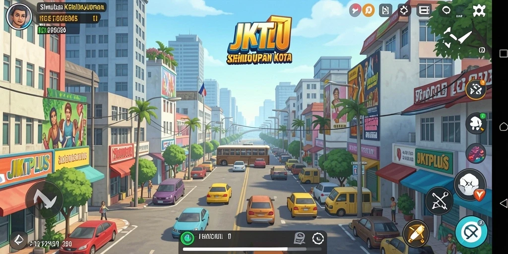 Tampilan menarik gameplay <strong>JKTPLUS</strong> dengan berbagai aktivitas kota.
