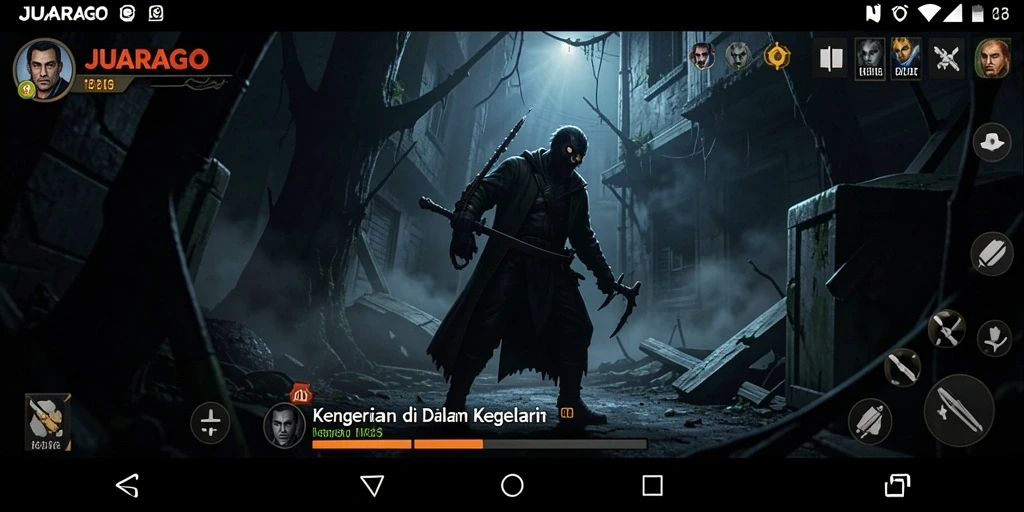 Tampilan gameplay menegangkan dalam JUARAGO yang penuh dengan kegelapan.