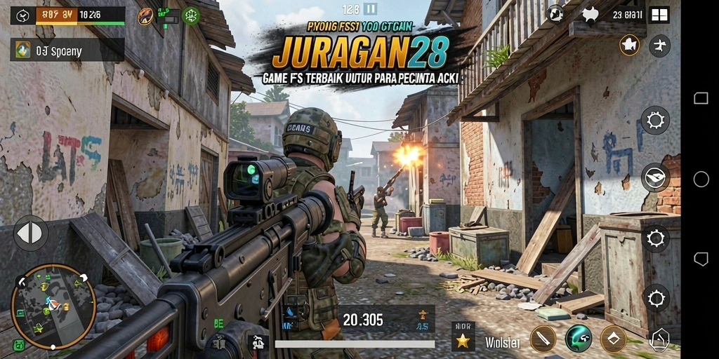 Screenshot menampilkan aksi seru dalam gameplay FPS JURAGAN28.