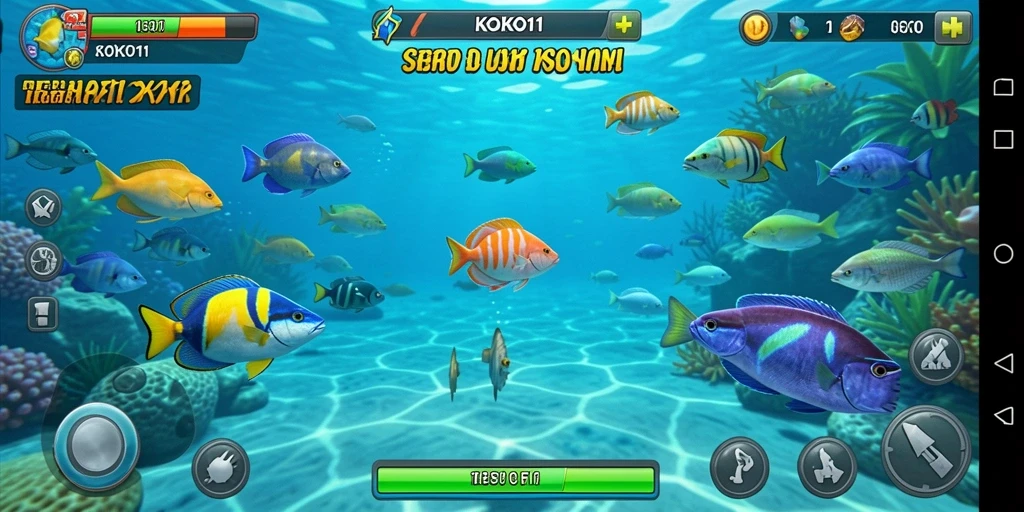 Tangkapan layar gameplay KOKO11 menampilkan aksi seru menangkap ikan.