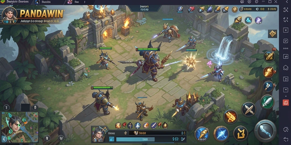 Tangkapan layar gameplay <strong>PANDAWIN</strong> menunjukkan pertempuran epik di kerajaan yang megah.