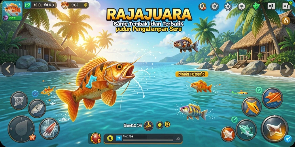 Screenshot RAJAJUARA menampilkan aksi seru menembak ikan.