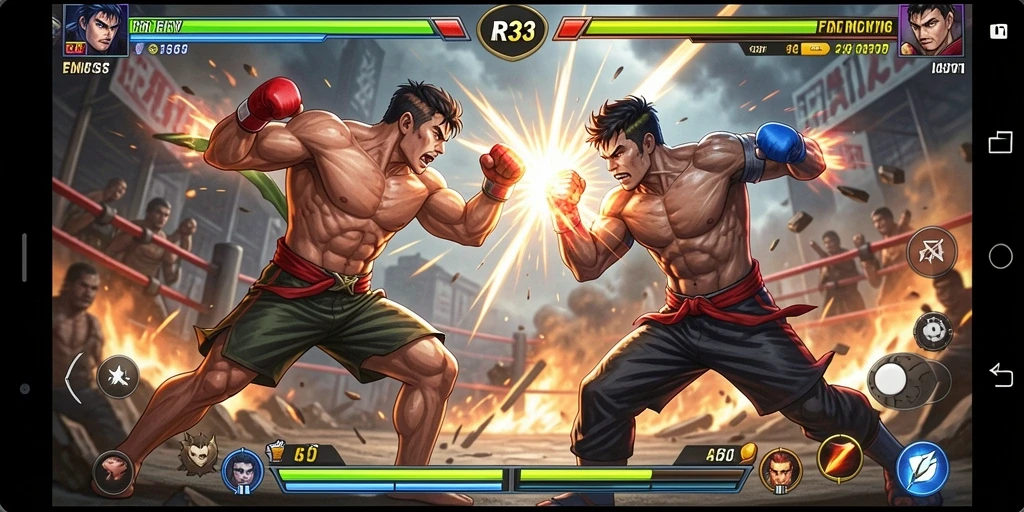 Screenshot gameplay RR33 menampilkan pertarungan karakter yang intens.